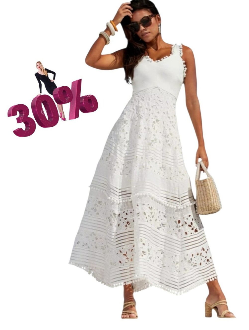 NWOT Boston Proper Mixed Media Lace Pom Pom White Maxi Dress XS